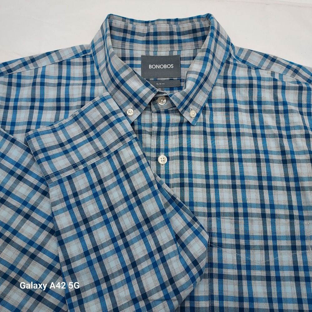 Bonobos Mens Slim Fit Plaid Button Down Shirt Blue Grey XL 17130-MTC15